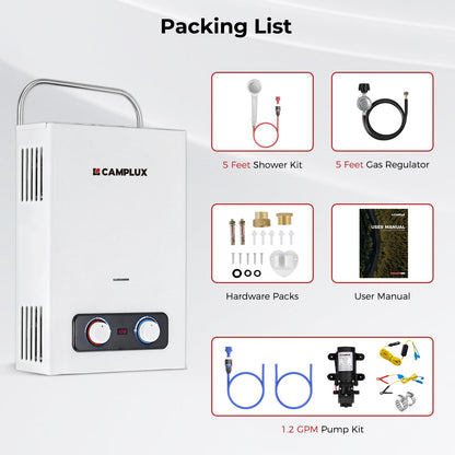 CAMPLUX 1.58 GPM Portable Tankless Water Heater with Water Pump Kit, Propane Water Heater Outdoor with 1.2 GPM Pump, 41,000 BTU, BD158P43