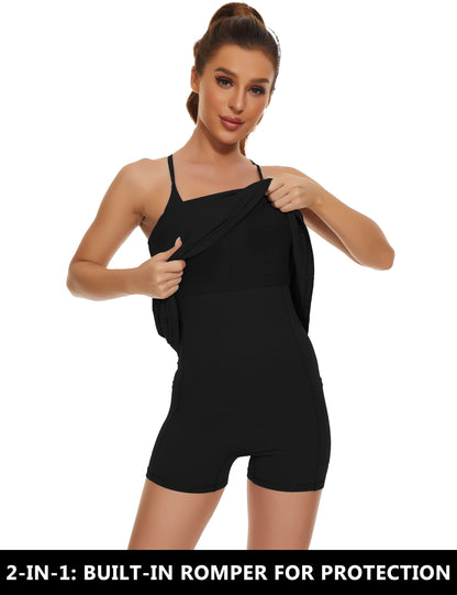 Womens Tennis Dress, 2-in-1 Golf Workout Dress with Built-in Bra & Shorts Pockets, Athletic Dresses with Adjustable Strap A-Black