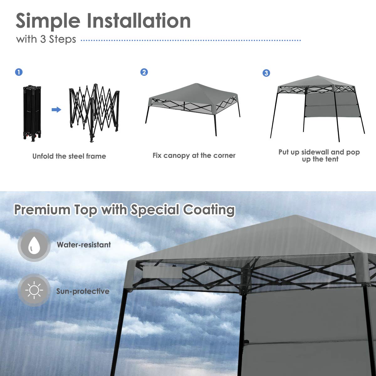 Tangkula 7x7 Ft Pop Up Canopy, Slant Leg Outdoor Tent with Carry Bag & 4 Stakes, Compact Portable for Hiking Camping Fishing & Picnic (7'x7' Base, 6'x6' Top)