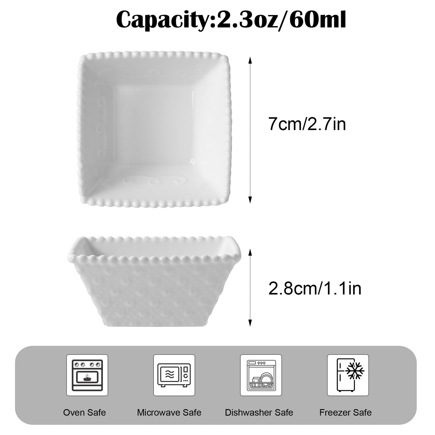 UIBFCWN 12Pack Ceramic Dip Bowls Set, 2.3oz White Dipping Sauce Bowls/Dishes for Tomato Sauce, Soy Sauce Dish, Square Side Dishes, Mini Appetizer Plates for Condiment