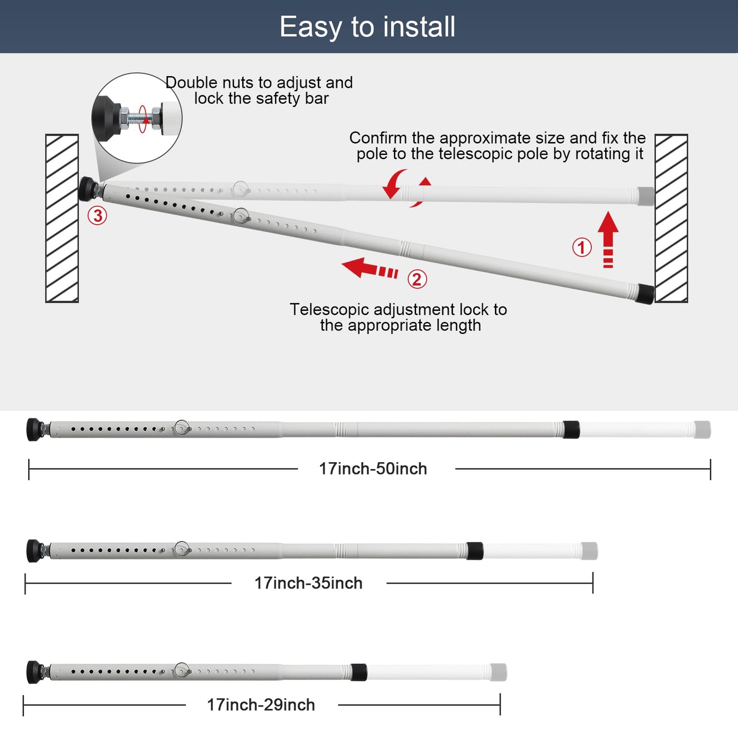 DIIG Sliding Door Security Bar，17.7-50.5inch Adjustable Locking Window Safety Bar with Rubber Tips,Diameter 1inch Window Security Bar for Home Apartment Travel (White)