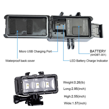 Suptig Underwater Light, Waterproof Light, Dimmable Waterproof (45m) LED Video Light for GoPro 13,11,10,9,8,7,6,5,4,3, DJI Action, Insta 360 Action Cameras