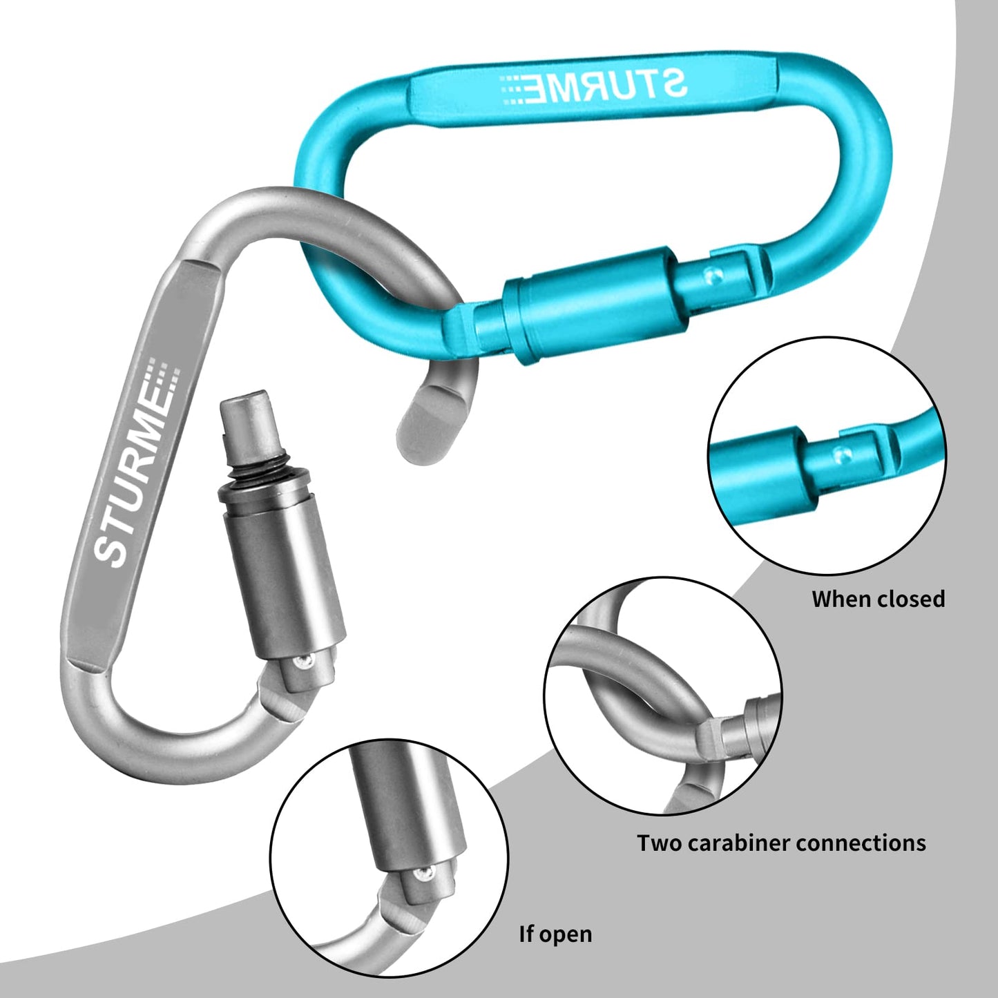 STURME Carabiner Clip Aluminum D-Ring Locking Durable Strong and Light Large Carabiners Clip Set for Outdoor Camping Screw Gate Lock Hooks Spring Link Improved Design Pack (9 Pack)