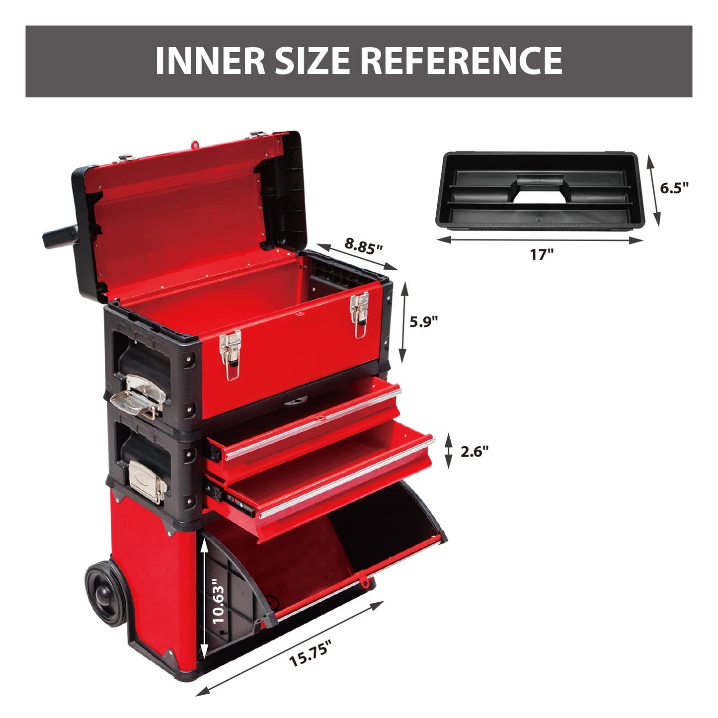 BIG RED TRJF-C305ABD Torin Garage Workshop Organizer: Portable Steel and Plastic Stackable Rolling Upright Trolley Tool Box with 3 Drawers, 20.5" L x 12.6" W x 28.4"