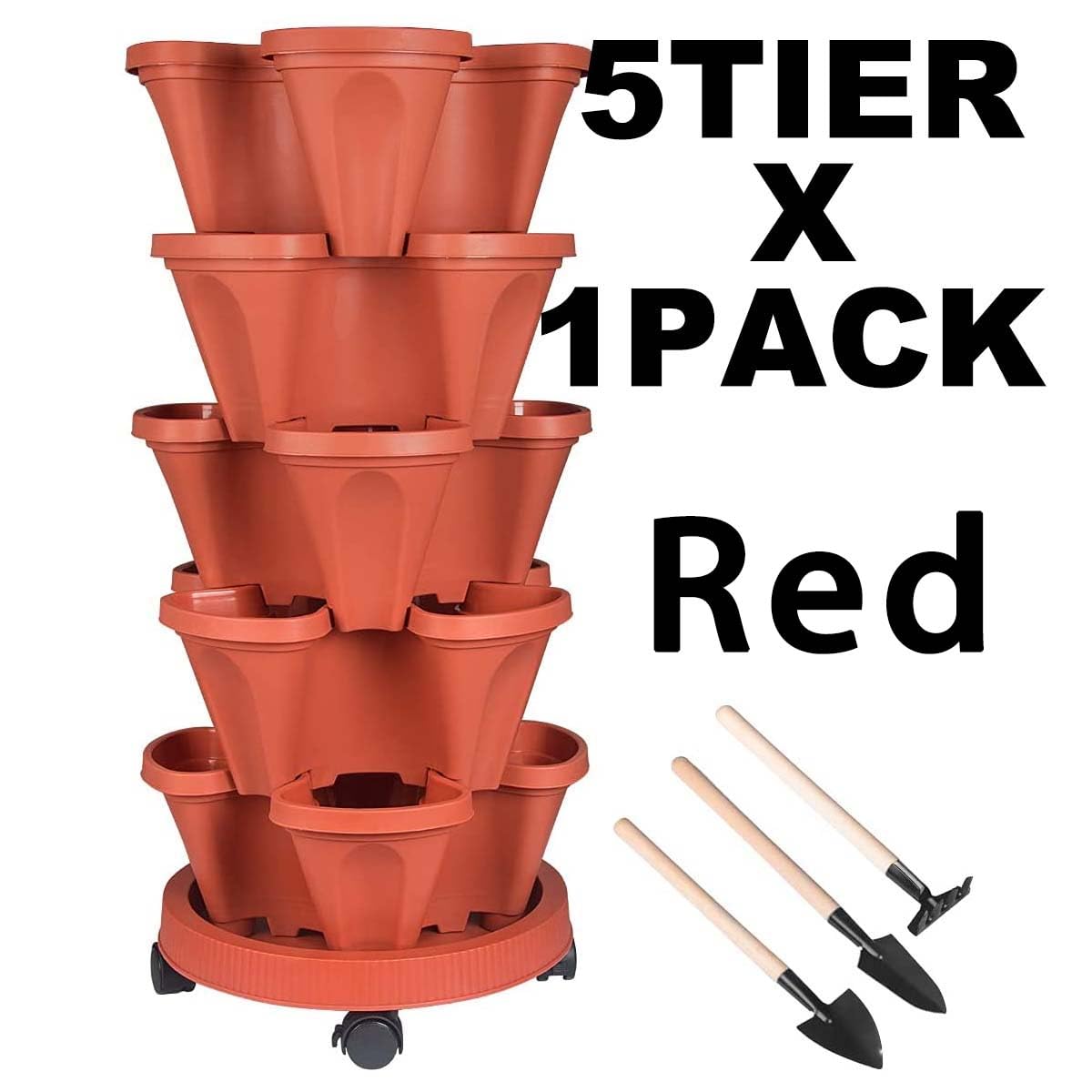 Vertical Planter 5 Tier Stackable Planters Garden Planters Strawberry Herb Flower and Vegetable Planter Indoor Outdoor Gardening Pots with Removable Wheels and Tools