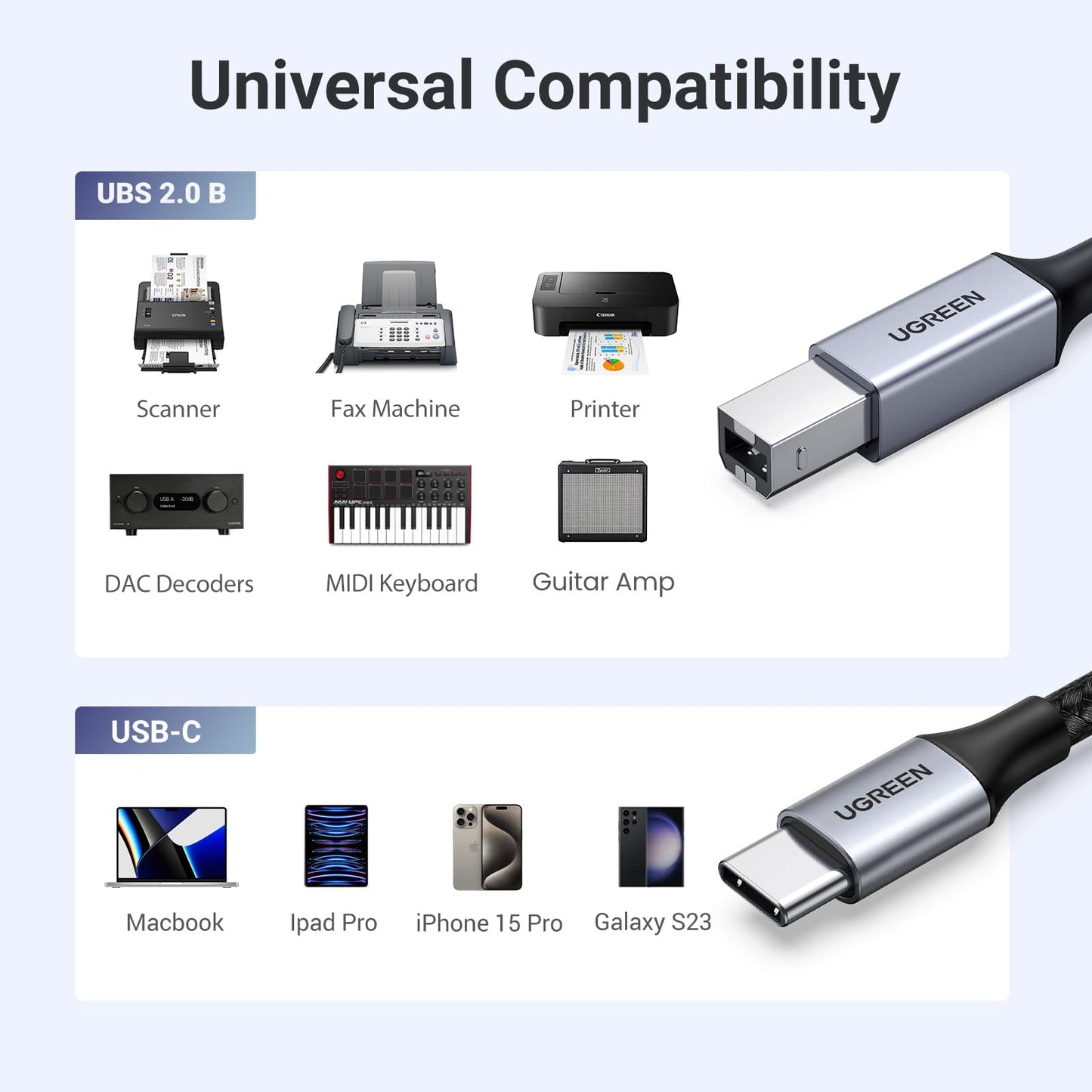 UGREEN USB B to USB C Printer Cable 3 FT, Nylon USB B to USBC Cable for MacBook Pro/Air, MIDI Cable Compatible with MIDI Keyboard/DJ Controller/DAC/Yamaha Casio Digital Piano for iPad