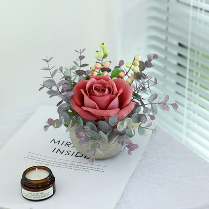 Rosscer Artificial Flowers Kit with Pot, Combination of Fake Silk Pink Roses and Greenery,Small Plant Potted Decor for Offices,Bookshelf,Bedroom, Living Room,Party,Wedding Decorations