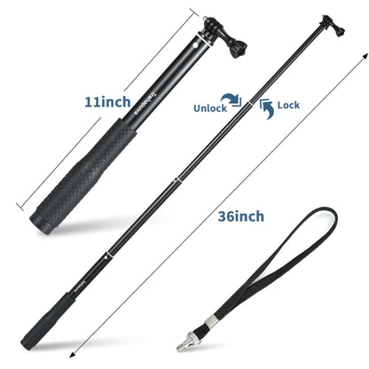 Trehapuva 36'' Extension Selfie Stick Extendable Monopod Pole Waterproof Handle Grip Accessories Compatible for GoPro Max Hero 13 12 11 10 9 8 7 6 5 Insta360 AKASO DJI Osmo Action Camera and More