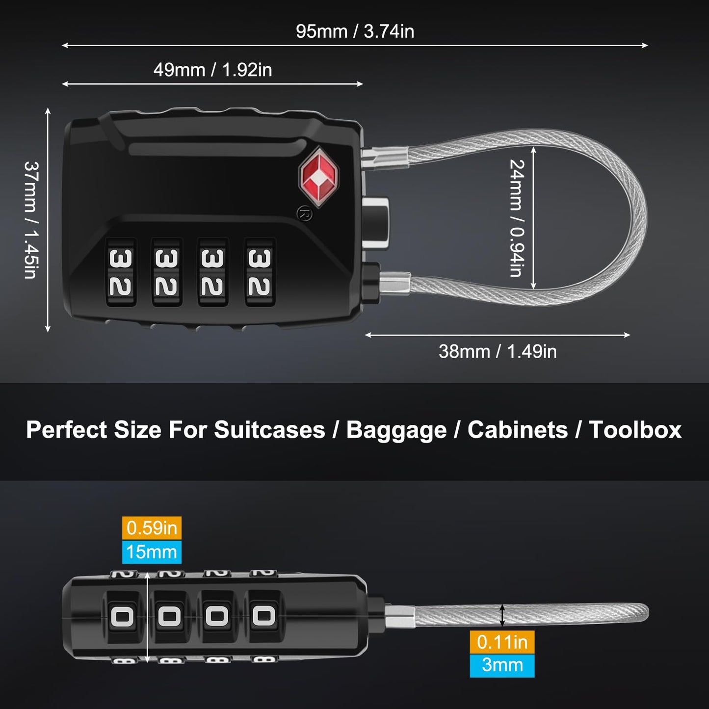 Diyife TSA Luggage Locks, [Upgrade Version][2 Pack] TSA Approved Suitcase Lock 4-Digit Re-settable Combination Lock, Cable Backpack Locks, Code Lock for Travel Suitcase Luggage Bag Lockers (Black)