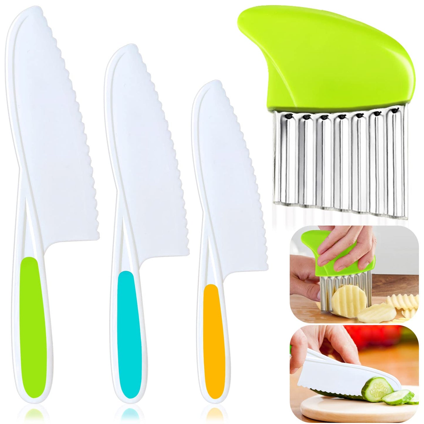 TAORISH 4 Pcs Kids Knife Set, Kids Kitchen Knife with Crinkle Cutter, Serrated Edges Plastic Toddler Chef Knife for Real Cooking & Cutting Fruit Bread