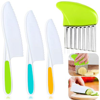 TAORISH 4 Pcs Kids Knife Set, Kids Kitchen Knife with Crinkle Cutter, Serrated Edges Plastic Toddler Chef Knife for Real Cooking & Cutting Fruit Bread