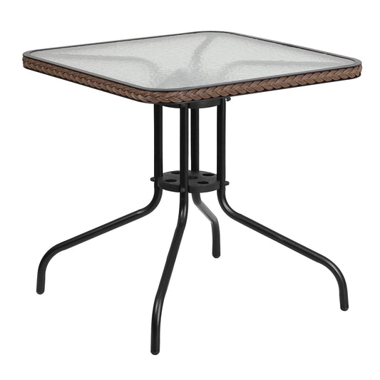 Flash Furniture Barker 28'' Square Tempered Glass Metal Table with Dark Brown Rattan Edging