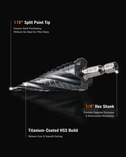 ZELCAN 12 Sizes M35 Cobalt Step Drill Bit, 3/16" to 7/8" Four Spiral Flute Step Drill Bit for Metal, Titanium-Coated HSS Step Bit with 1/4" Hex Shank for Stainless Steel Aluminum Copper Wood Plastic