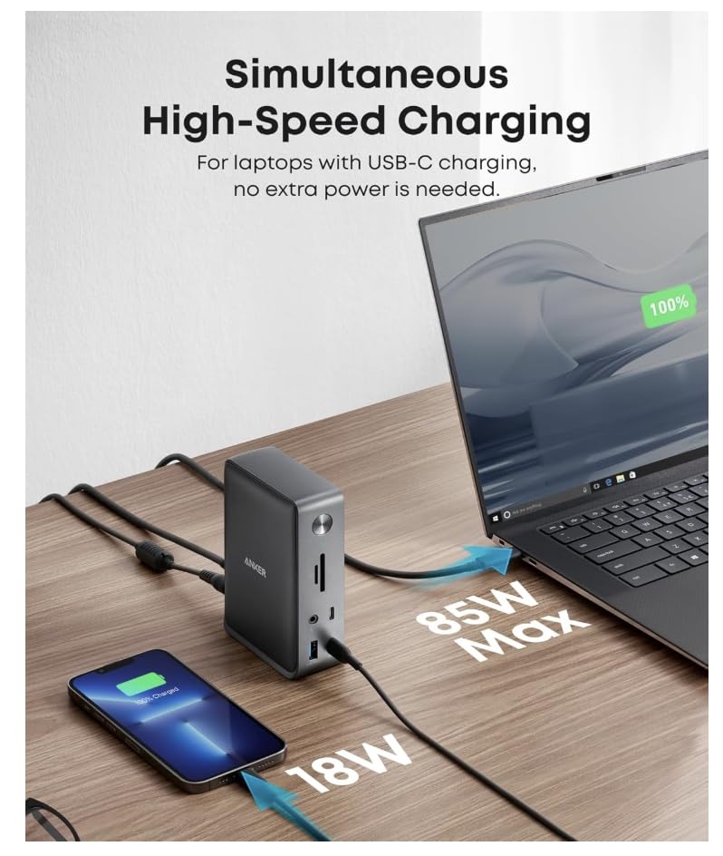 Anker Laptop Docking Station, 13-in-1 USB-C Docking Station, Triple Display with 2 x 4K HDMI and 1 x DP, 85W Charging for Laptop, 10 Gbps USB-C and 5 Gbps USB-A Data, Ethernet, Audio, SD