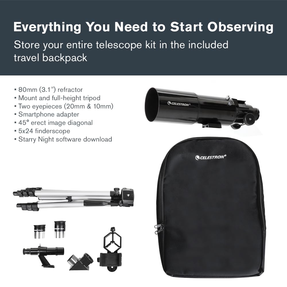 Celestron Travel Scope 80 Portable Refractor Telescope – 80mm Aperture, Fully-Coated Glass Optics – Includes Tripod, Smartphone Adapter, Backpack & Software – Ideal for Beginners & Travel