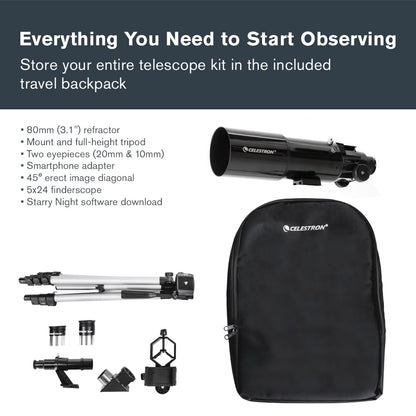Celestron Travel Scope 80 Portable Refractor Telescope – 80mm Aperture, Fully-Coated Glass Optics – Includes Tripod, Smartphone Adapter, Backpack & Software – Ideal for Beginners & Travel