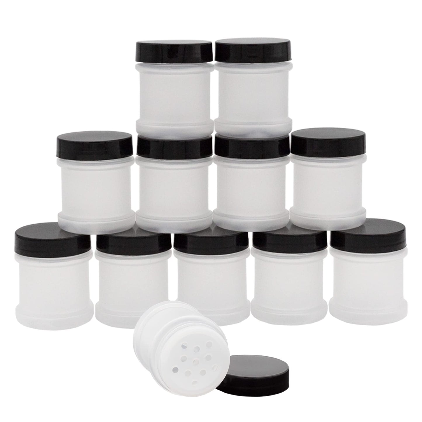 Cornucopia Brands Mini Plastic Spice Jars w/Sifters (12-Pack, Black); 2 Tablespoon Capacity (1 Fluid Ounce) Spice Bottles for Travel, Glitter, Gifts, Favors