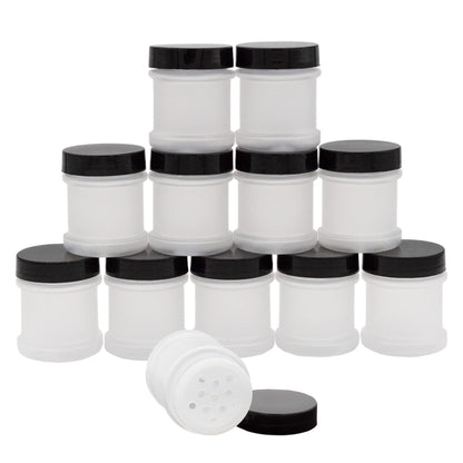 Cornucopia Brands Mini Plastic Spice Jars w/Sifters (12-Pack, Black); 2 Tablespoon Capacity (1 Fluid Ounce) Spice Bottles for Travel, Glitter, Gifts, Favors