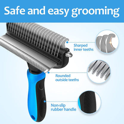 [ 2 in 1 design ] Undercoat Rake and Deshedding Tool for Dogs and Cats - Dematting Comb for Long Hair Pets, Grooming Brush to Clear Mats, Tangles and Reduce Shedding by 95%