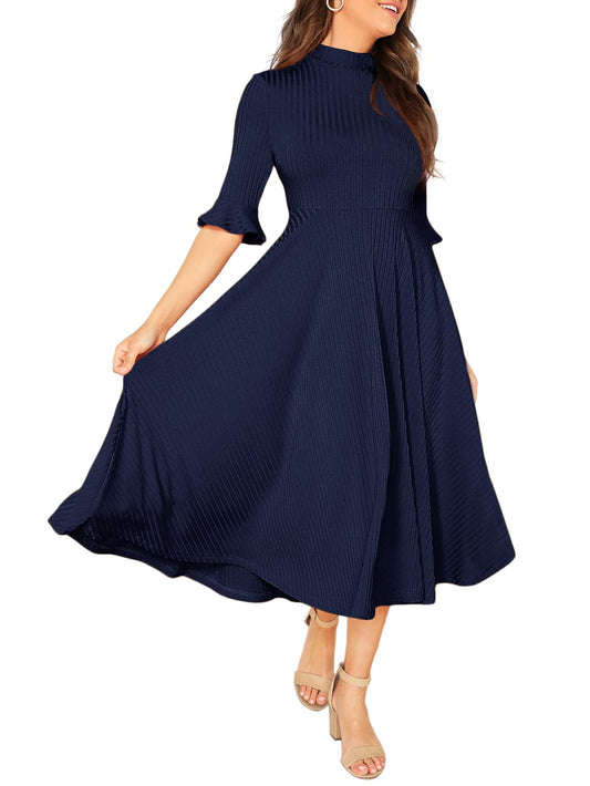 Verdusa Women's Ruffle Half Sleeve A Line Fall Dresses Elegant Fit and Flare Midi Dress Navy Small