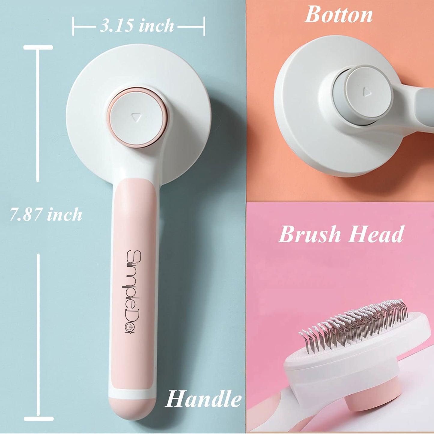 SimpleDot Pet Grooming Brush, Self Cleaning Slicker Brush for Dogs and Cats, Removes Undercoat Loose Hair, Mats, Tangled and Dirt, Massages, All Hair Types (Pink)