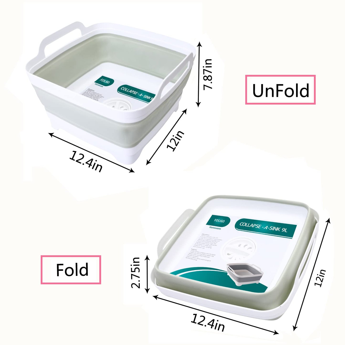 FOSJGO Collapsible Dish Basin with Drain Plug and Carry Handles - 9L Capacity, Portable Sink Tub for Camping and RV