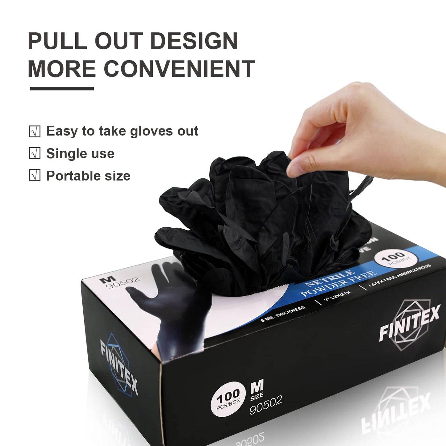 FINITEX Black Nitrile Disposable Medical Exam Gloves - Box of 100 PCS 6mil Powder-Free Latex-Free For Examination Home Cleaning Food Glove (Medium)