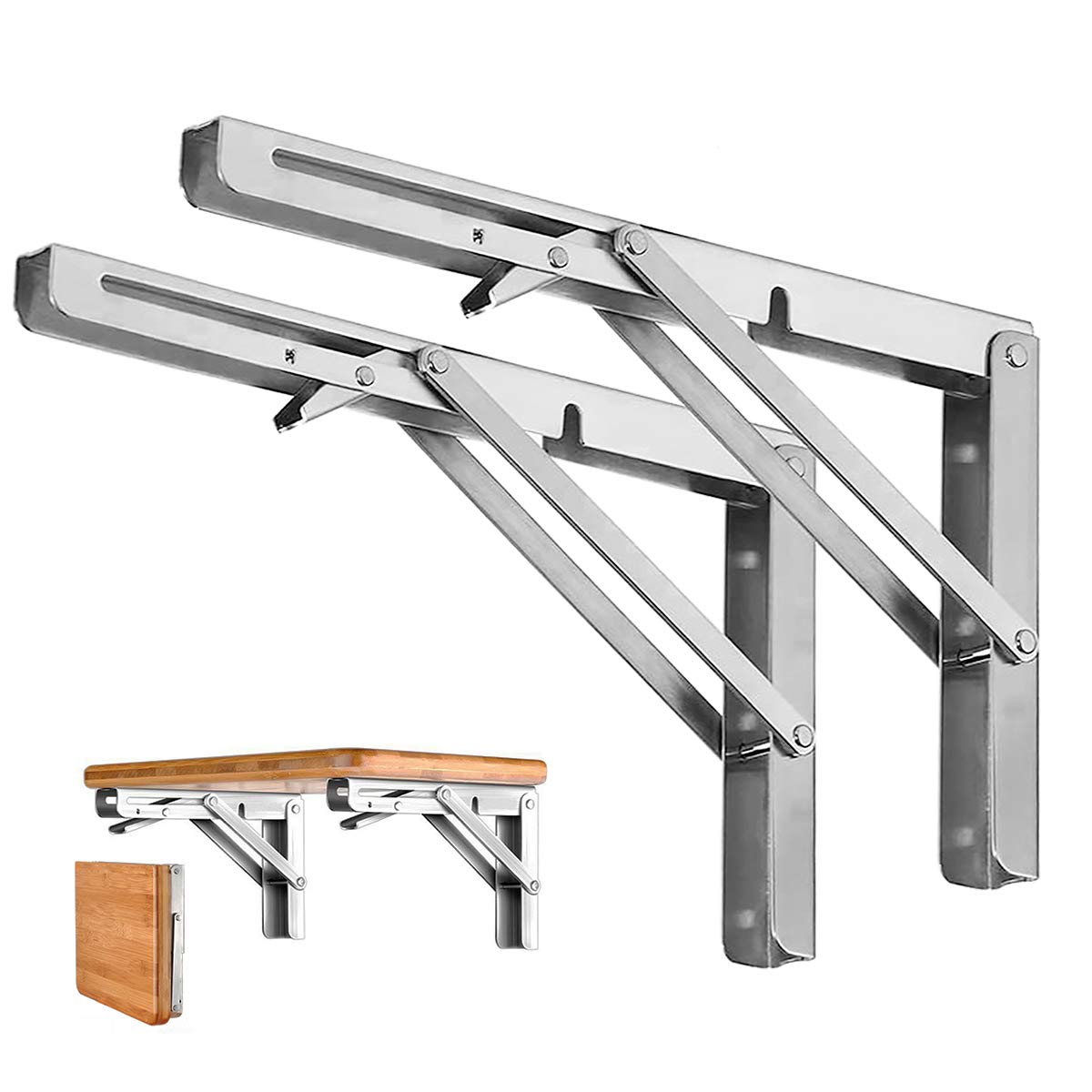 Storystore Folding Shelf Brackets - 10 Inch Heavy Duty Stainless Steel Collapsible Shelf Bracket for Bench Table, Space Saving DIY Bracket, Max Load: 550lb （2 PCS）