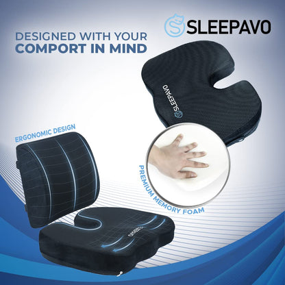 Sleepavo Memory Foam Seat Cushion for Office Chair-Orthopedic Back and Butt Pillow for Sciatica Tailbone Coccyx Hip Pain Relief for Sitting, Gaming, Desk, Car, Airplane-Padded Lumbar Support Pillow