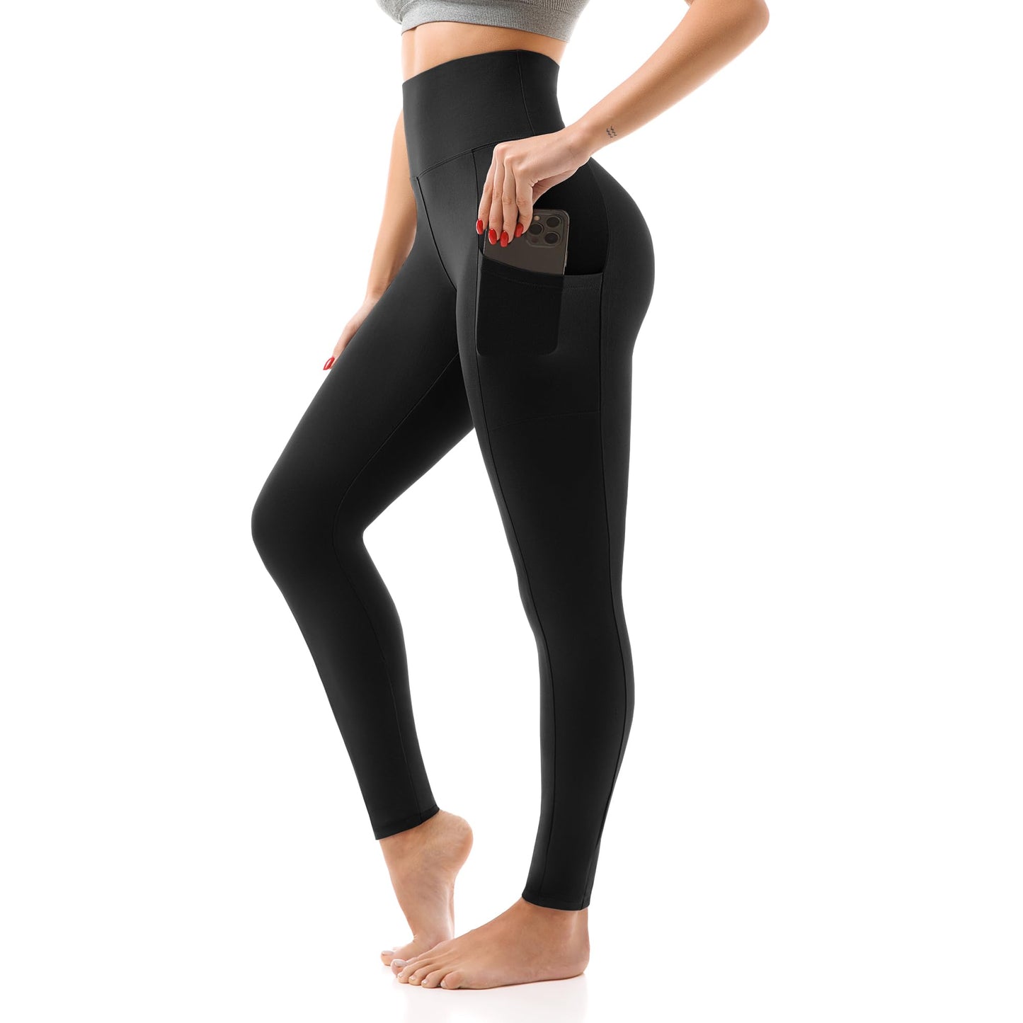 SINOPHANT High Waisted Leggings with Pockets Women, Full Length Capri Buttery Soft Stretchy Yoga Pants(Full Black,L-XL)