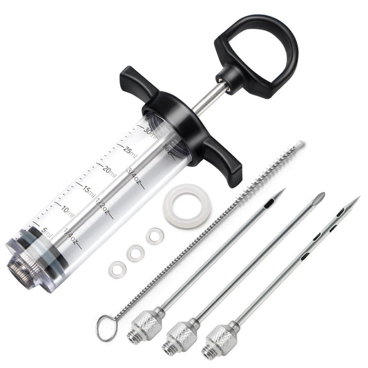 Tri-Sworker Plastic Meat Injector Kit for Smoker with 3 Flavor Food Syringe Needles, Ideal for Injecting Marinade into Turkey, Meat, Brisket; 1-OZ; Including Paper User Manual, Recipe E-Book (PDF)