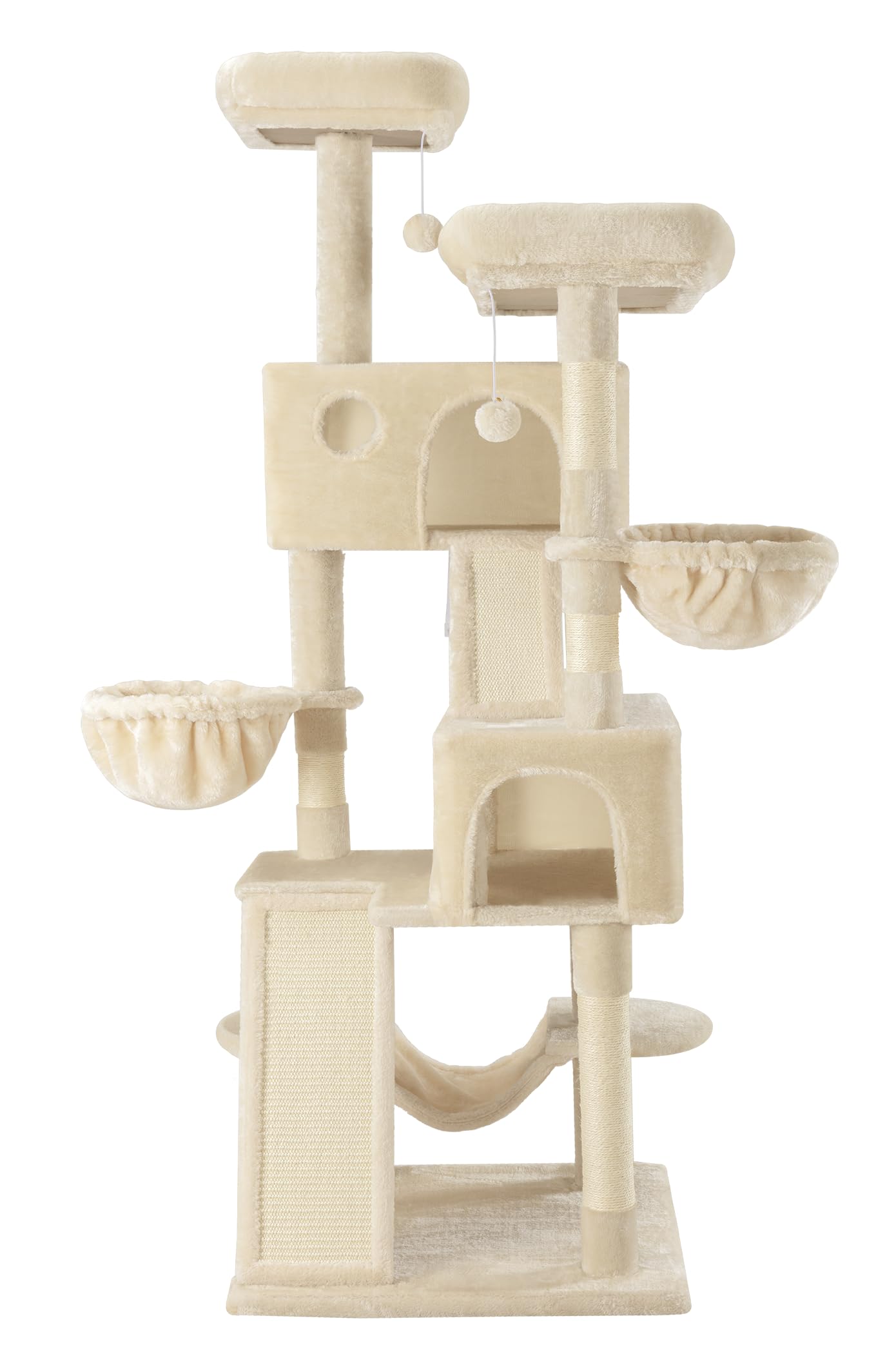 SHA CERLIN 65in Larger Cat Tree Tower Condo for Indoor Kitties/Multi-Level Furniture Activity Center with Wide Base/Cozy Plush Cat Perches/Baskets/Sisal Scratching Posts and Hammock/Beige