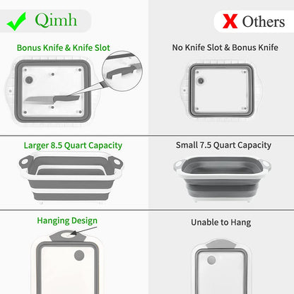 QiMH Collapsible Cutting Board - Foldable Multi-function Dish Tub - Washing and Draining Veggies Fruits Food Grade Sink Storage Basket(8.5 Quart) - New Kitchen and Camping Essentials(Knife Included)