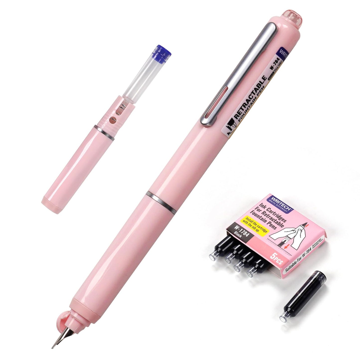 WRITECH Retractable Fountain Pen Set: Black Ink Fine Nib, 5 Refillable Ink Cartridges Included, No Leaking Smooth Writing for Calligraphy Journaling Gift (Pink)