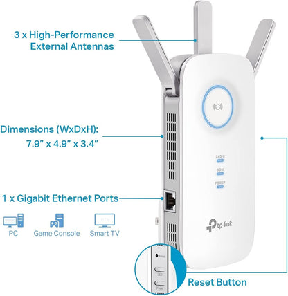 TP-Link AC1900 WiFi Range Extender RE550 | Dual-Band Wireless Repeater Amplifier w/Gigabit Ethernet Port | Up to 2200 Sq. Ft., 32 Devices | Internet Signal Booster | APP Setup | EasyMesh Compatible