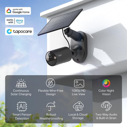 Tapo SolarCam C403 Kit, Outdoor Battery Camera w/Solar Panel, Wireless, 1080P, Free Person Detection, SD/Cloud Storage, Color Night Vision, Built-in Spotlights & Alarm, No Hub Needed, Black