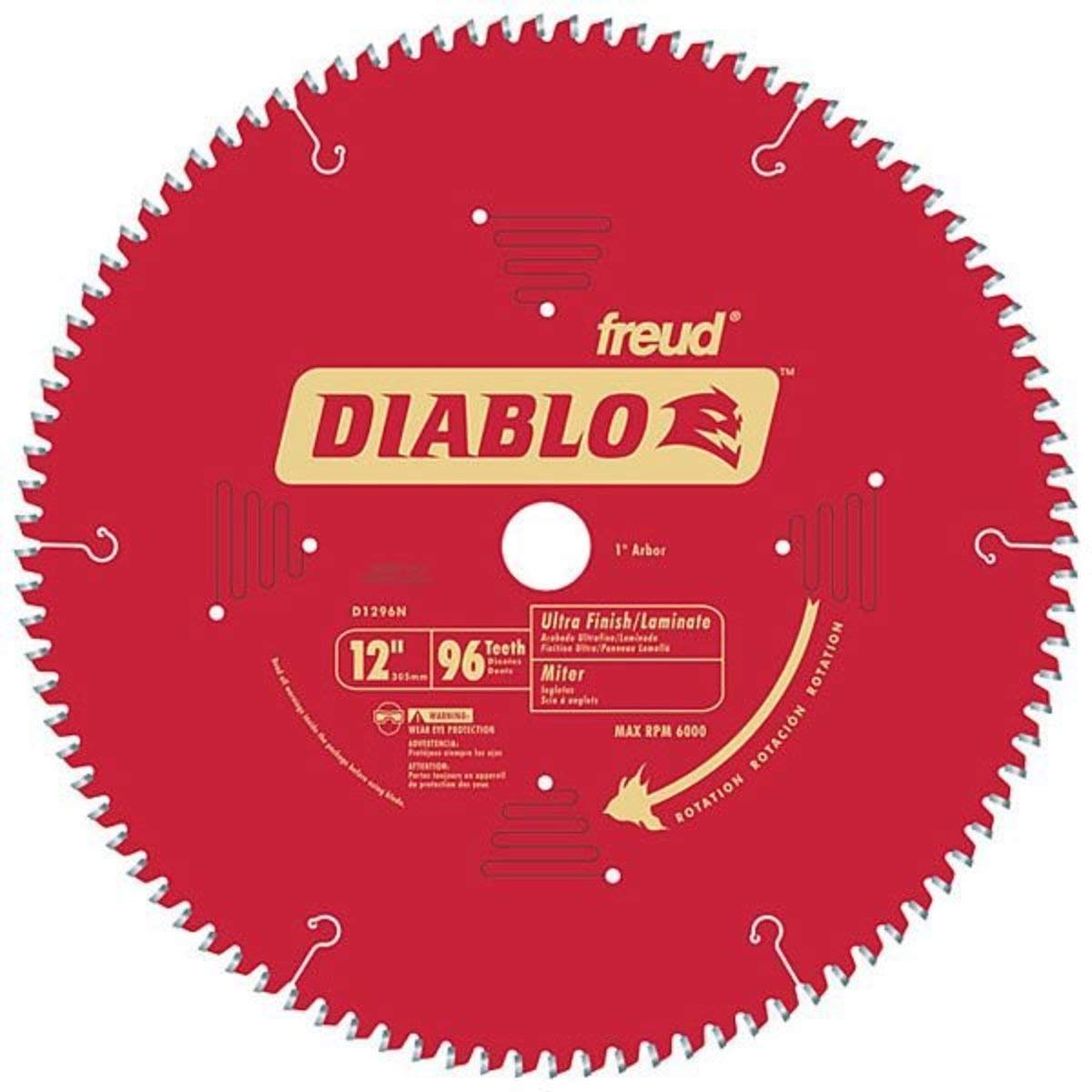 Diablo Saw Blade for Medium Aluminum - 12" Diameter, 96 TCG Teeth, 1" Arbor, .091" Kerf, -5° Hook Angle, .071" Plate, 5000 Max RPM - D1296N