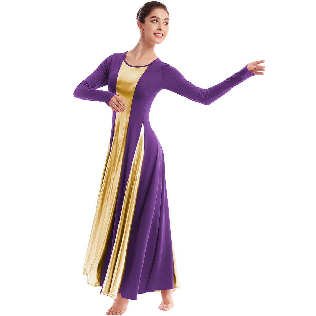 Womens Liturgical Praise Lyrical Dance Dress Loose Fit Full Length Metallic Color Block Long Sleeve Worship Costume Ballet Maxi Swing Gown Purple+Gold XL