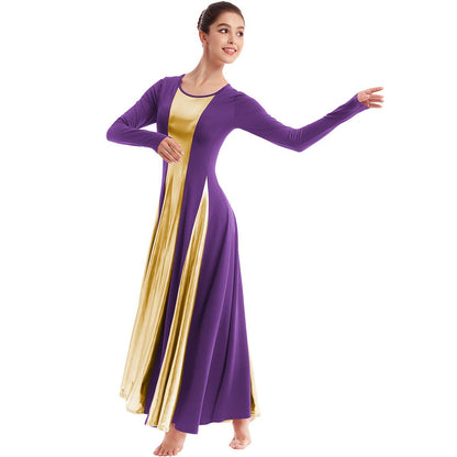 Womens Liturgical Praise Lyrical Dance Dress Loose Fit Full Length Metallic Color Block Long Sleeve Worship Costume Ballet Maxi Swing Gown Purple+Gold XL