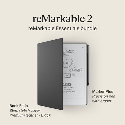 reMarkable Essentials Bundle - Leather Folio | reMarkable 2 Paper Tablet | Black and White 10.3'' Writing Tablet, Marker Plus Pen with Built-in Eraser and Book Folio Case in Black Premium Leather