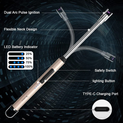 SUPRUS Electric Candle Lighter USB Type C Rechargeable Lighter Steel Shell & Hanging Hook with 360° Flexible Neck(Gold)