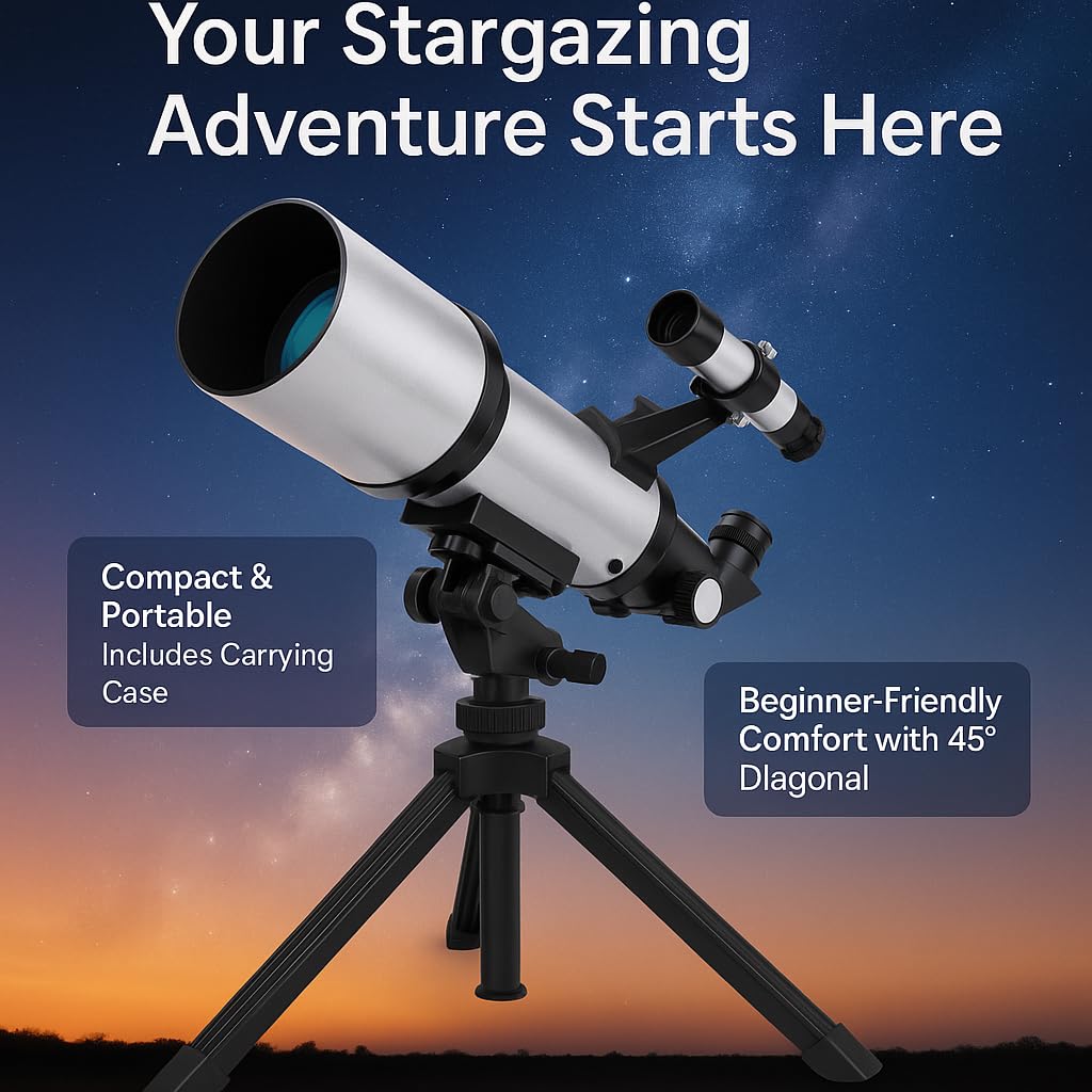 Barska Starwatcher Astronomical Refractor Telescope 300x Magnification for Beginners & Kids with Barlow Lens, 2 Interchangeable Eyepieces, Finder Scope, Table Top Tripod