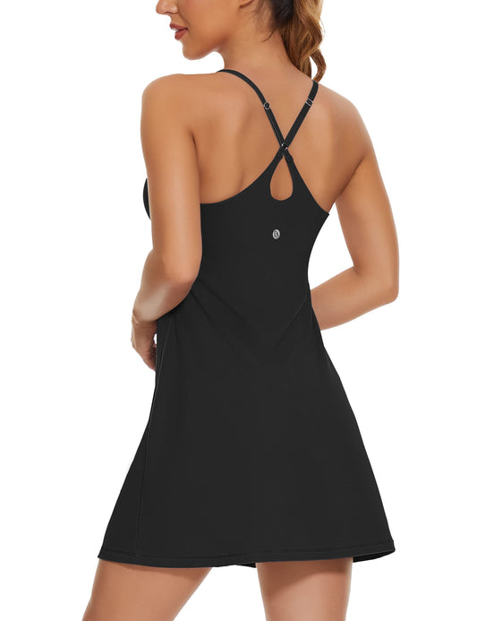 Womens Tennis Dress, 2-in-1 Golf Workout Dress with Built-in Bra & Shorts Pockets, Athletic Dresses with Adjustable Strap A-Black