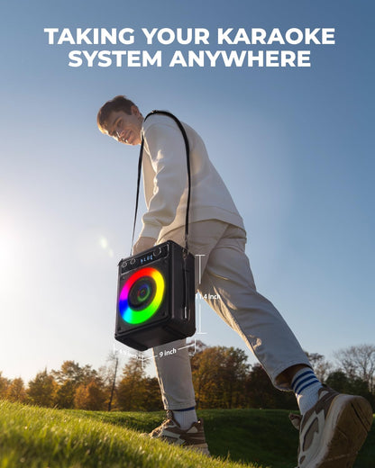 VOSOCO Karaoke Machine, Portable Bluetooth Karaoke Speaker with 2 Wireless Microphones, PA System for Adults Kids with LED Lights, Supports FM/AUX/USB/TF for Home Party