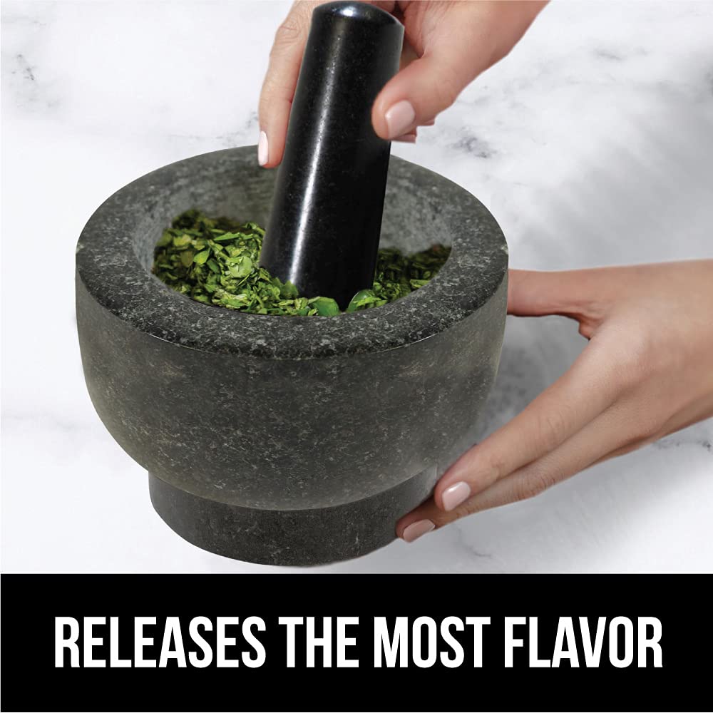GORILLA GRIP Heavy Duty Mortar and Pestle Set with Slip Resistant Base, 100% Granite Stone Molcajete Guacamole Bowl, Grind Seeds Spices, Crush Garlic, Kitchen Muddler for Fresh Herbs, 1.5 Cup, Black
