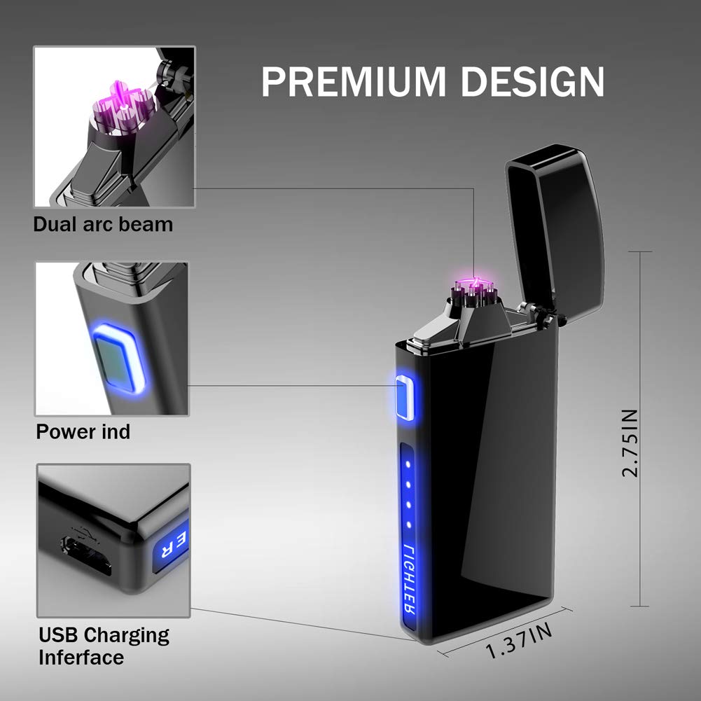 Dual Arc Plasma Lighter with LED Battery Indicator and Box, Rechargeable Windproof Flameless Electric Lighters for Fire Outdoors Camping Hiking Friends