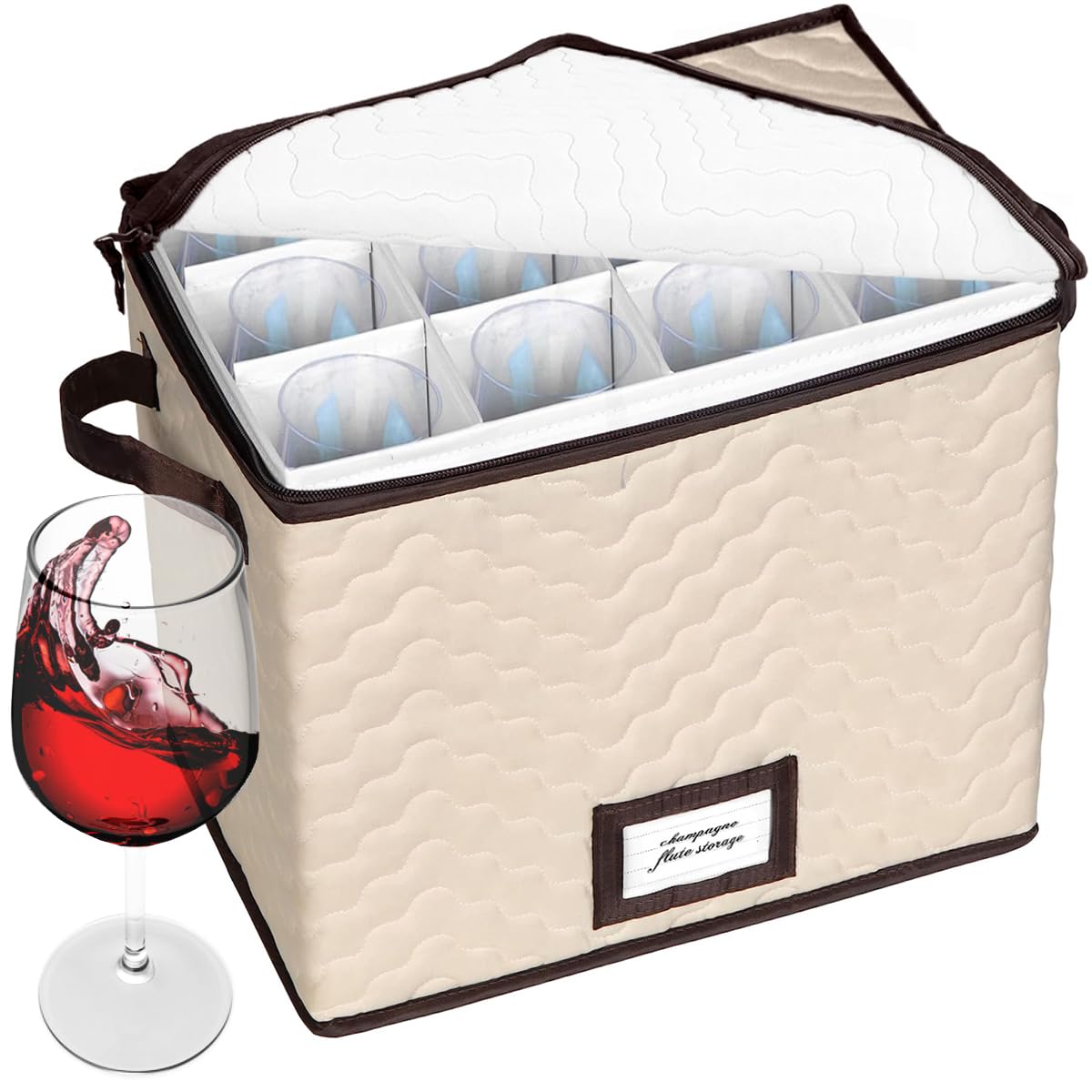 Champagne Flute Storage Boxes with Dividers - Set of 2 - Each Holds 12 Glasses up to 3.75" Wide - Quilted Microfiber Case with Handles - Protects Stemware - Ideal for Champagne & White Wine Glasses