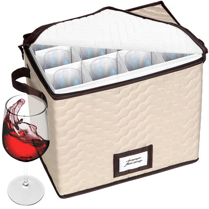 Champagne Flute Storage Boxes with Dividers - Set of 2 - Each Holds 12 Glasses up to 3.75" Wide - Quilted Microfiber Case with Handles - Protects Stemware - Ideal for Champagne & White Wine Glasses