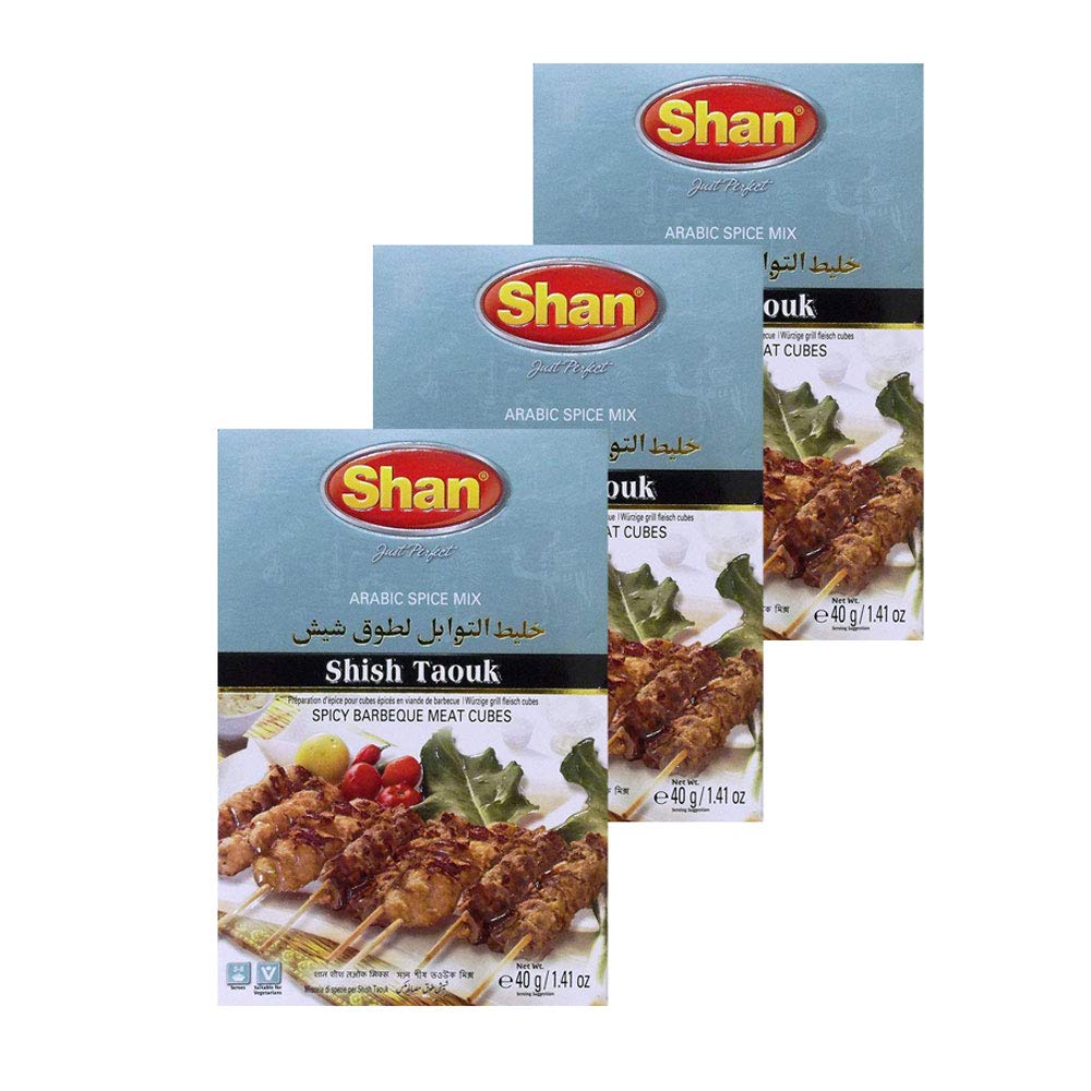 Shan Shish Taouk Arabic Seasoning Mix 1.41 oz (40g) - Spice Powder for Middle Eastern Spicy BBQ Meat Cubes - Suitable for Vegetarians - Airtight Bag in a Box (Pack of 3)