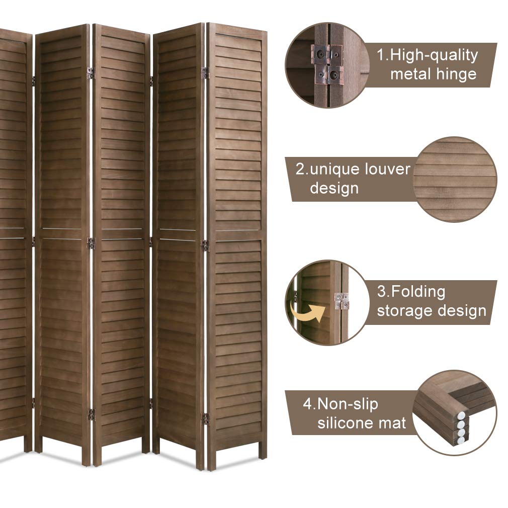 6 Panel Wood Room Divider 5.75 Ft Tall Privacy Wall Divider Folding Wood Screen 68.9" x 15.75" Each Panel for Home Office Bedroom Restaurant （Brown）